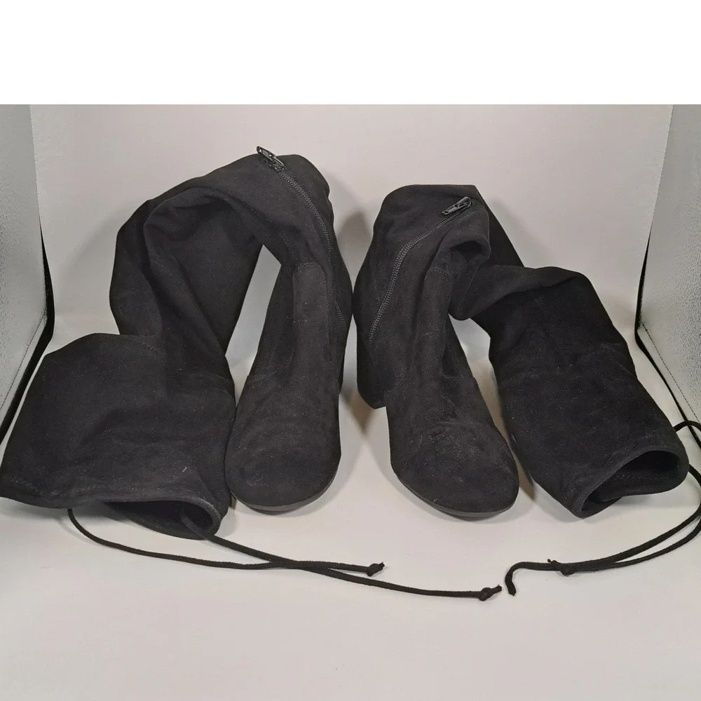 Unisa Black Faux Suede Over The Knee Block Heel Boots Women 8M Side Zip OTK